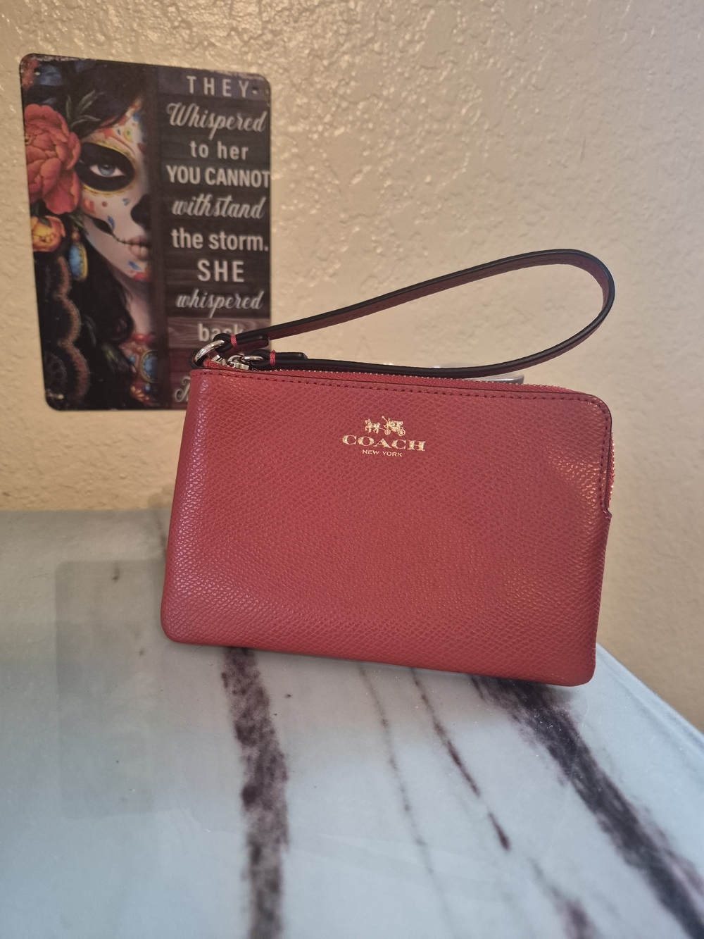 Coach Pebbled Leather Red Wristlet 3/4zip
